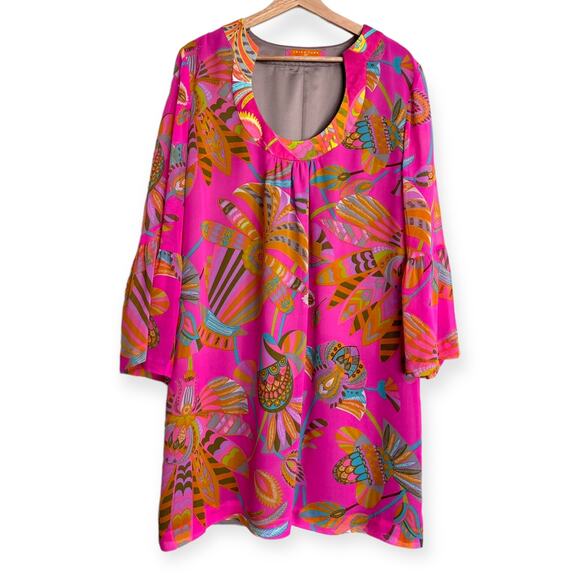Trina Turk Pink Bonita Silk Chiffon Bell Sleeve Mini Shift Dress Women's Size 10 - Picture 1 of 11